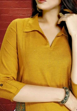 Patch Pocket Cotton Straight Kurta in Mustard