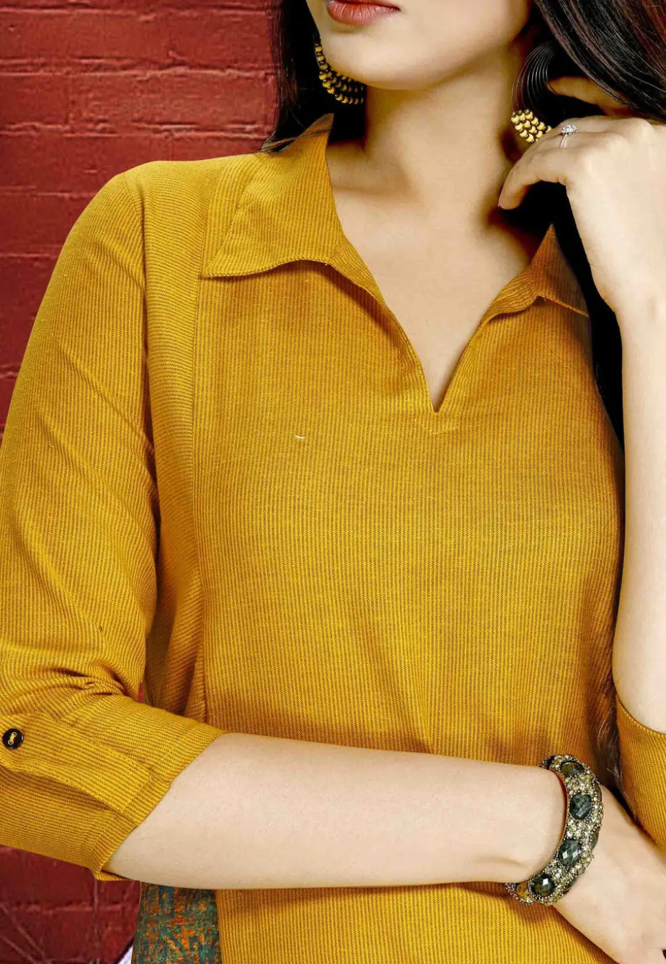 Patch Pocket Cotton Straight Kurta in Mustard