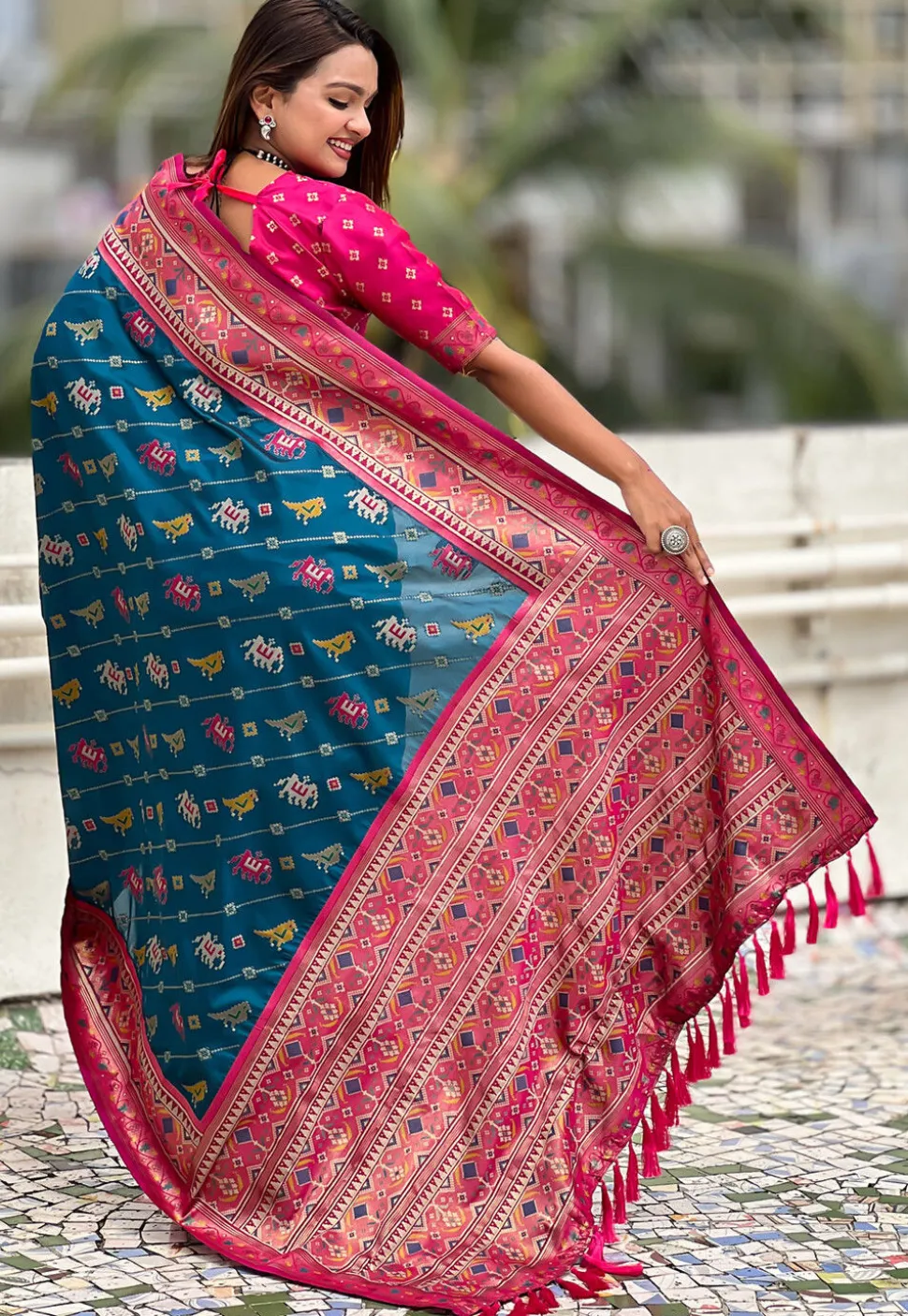 Patola Art Silk Saree in Teal Blue
