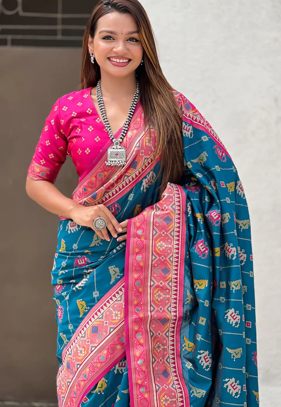Patola Art Silk Saree in Teal Blue