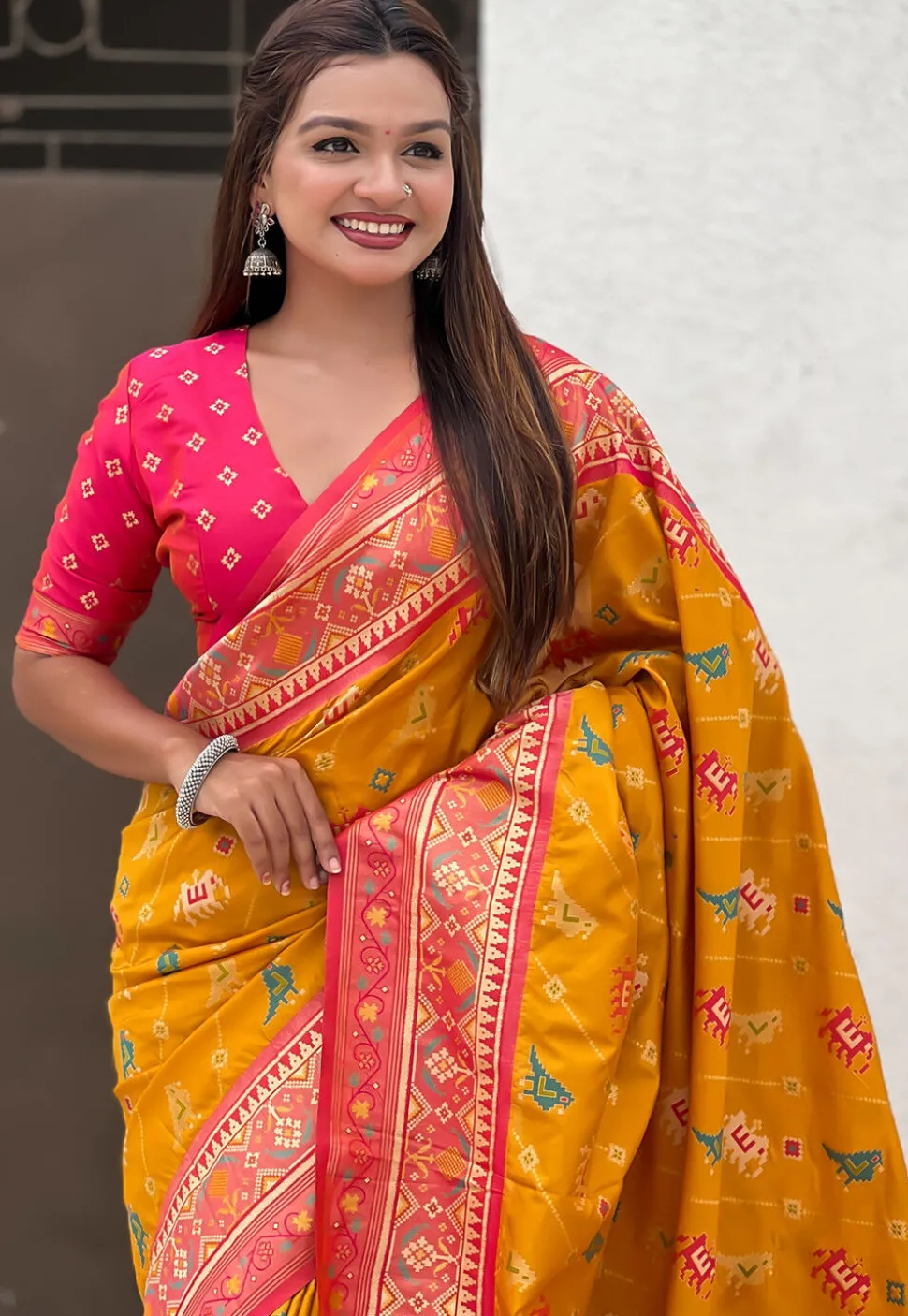 Patola Art Silk Saree in Mustard