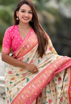 Patola Art Silk Saree in Off White