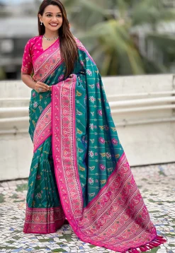 Patola Art Silk Saree in Teal Green