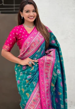 Patola Art Silk Saree in Teal Green
