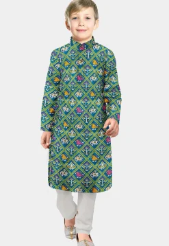 Patola Printed Art Silk Kurta Set in Sea Green