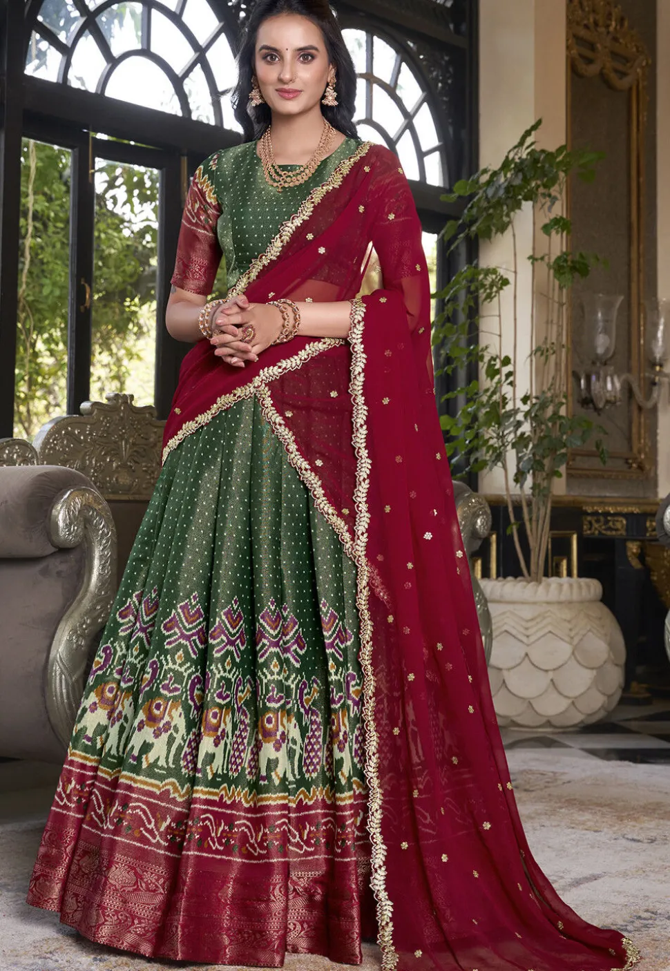 Patola Printed Art Silk Lehenga in Green