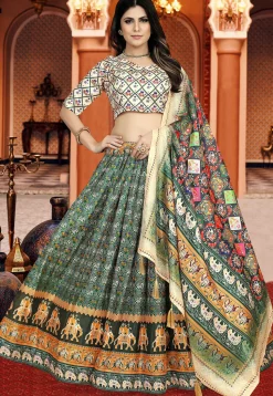 Patola Printed Art Silk Lehenga in Dark Green