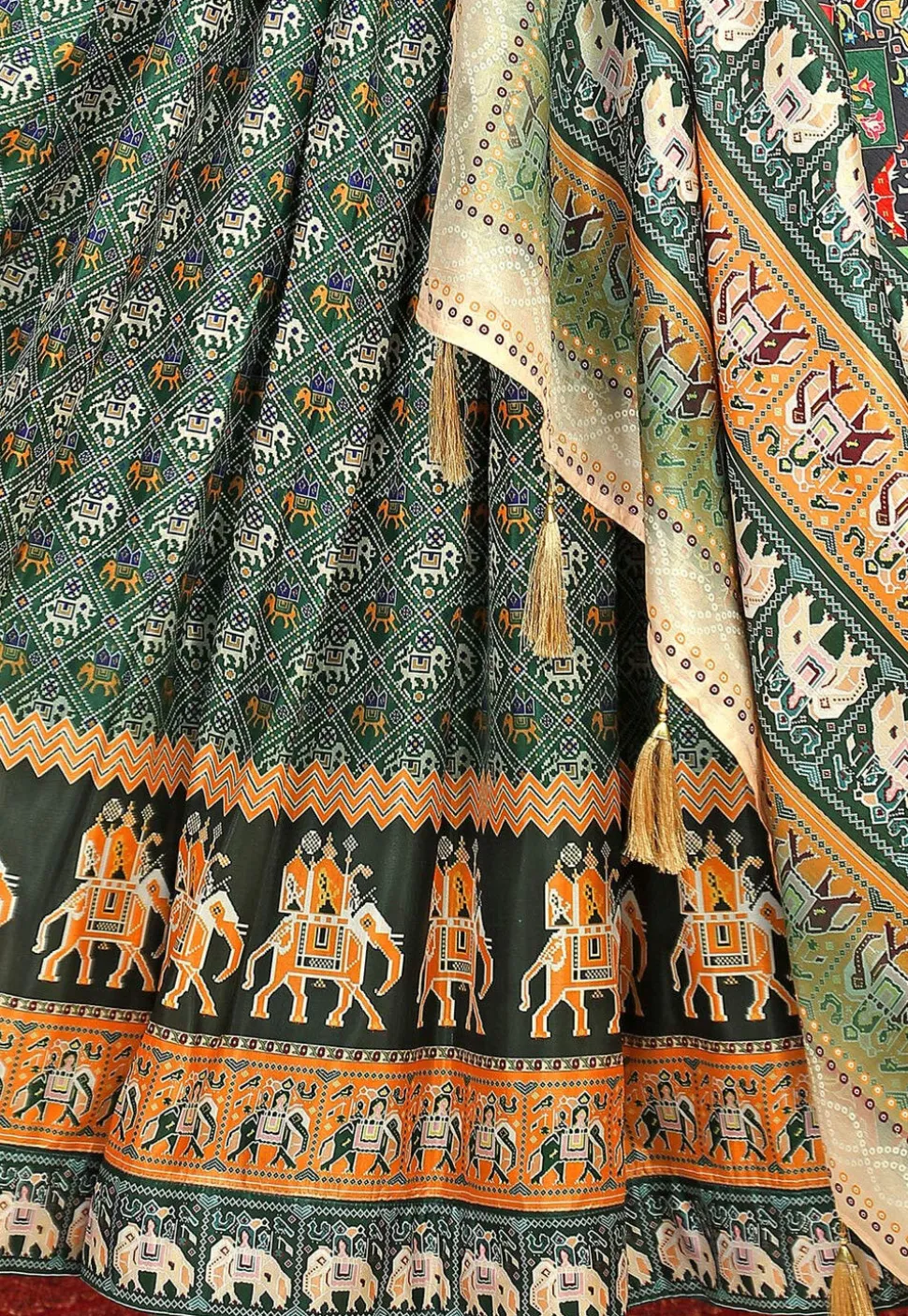 Patola Printed Art Silk Lehenga in Dark Green