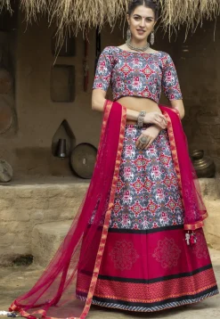 Patola Printed Art Silk Lehenga in Grey and Magenta