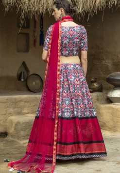 Patola Printed Art Silk Lehenga in Grey and Magenta