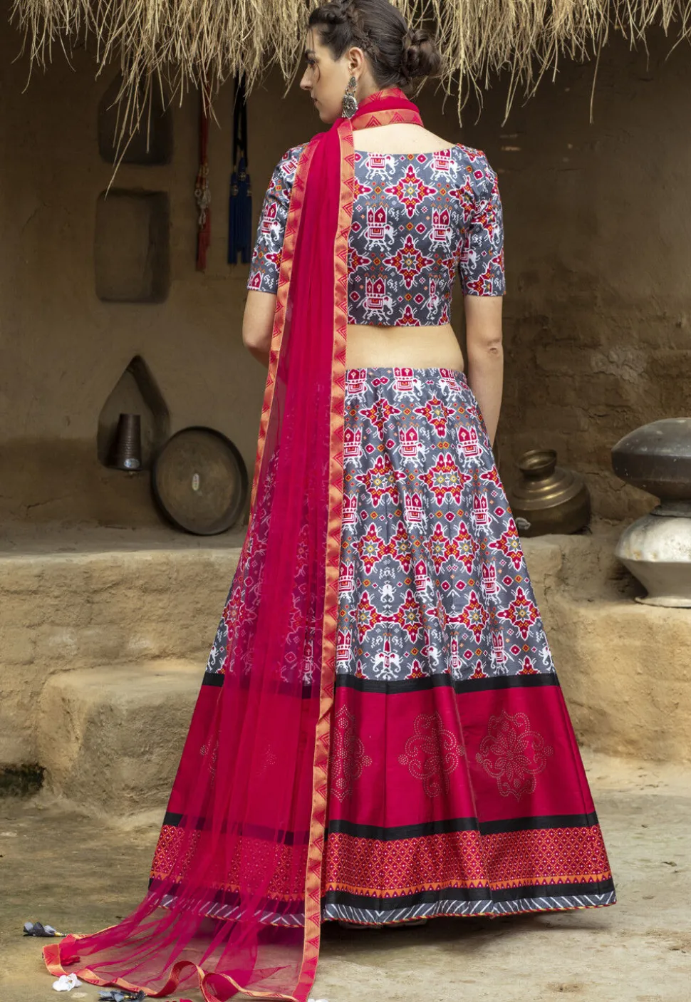 Patola Printed Art Silk Lehenga in Grey and Magenta