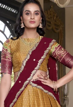 Patola Printed Art Silk Lehenga in Mustard