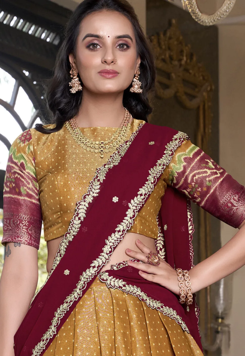 Patola Printed Art Silk Lehenga in Mustard