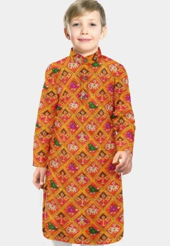 Patola Printed Art Silk Straight Kurta in Orange