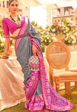Patola Printed Art Silk Saree in Grey