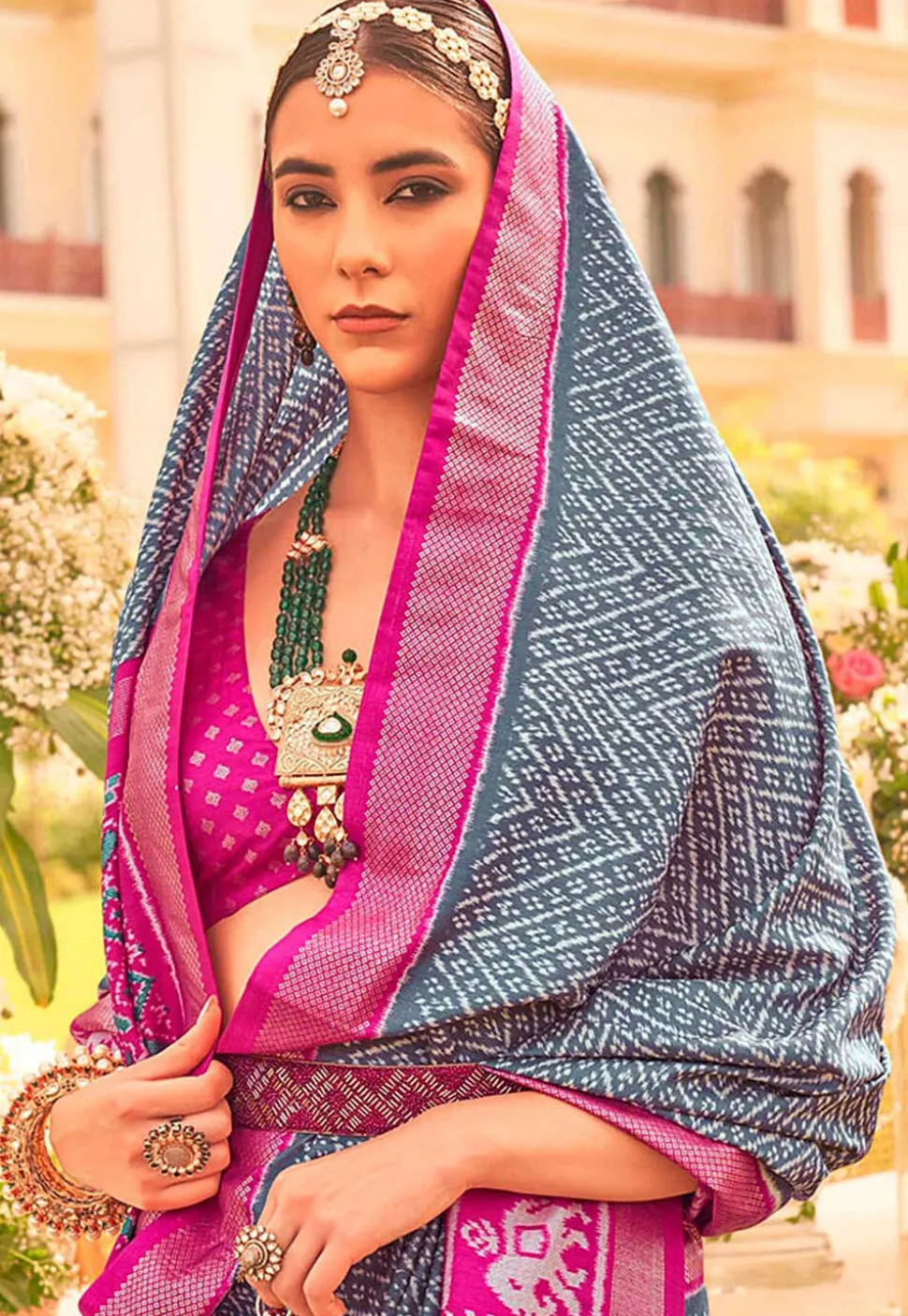 Patola Printed Art Silk Saree in Grey