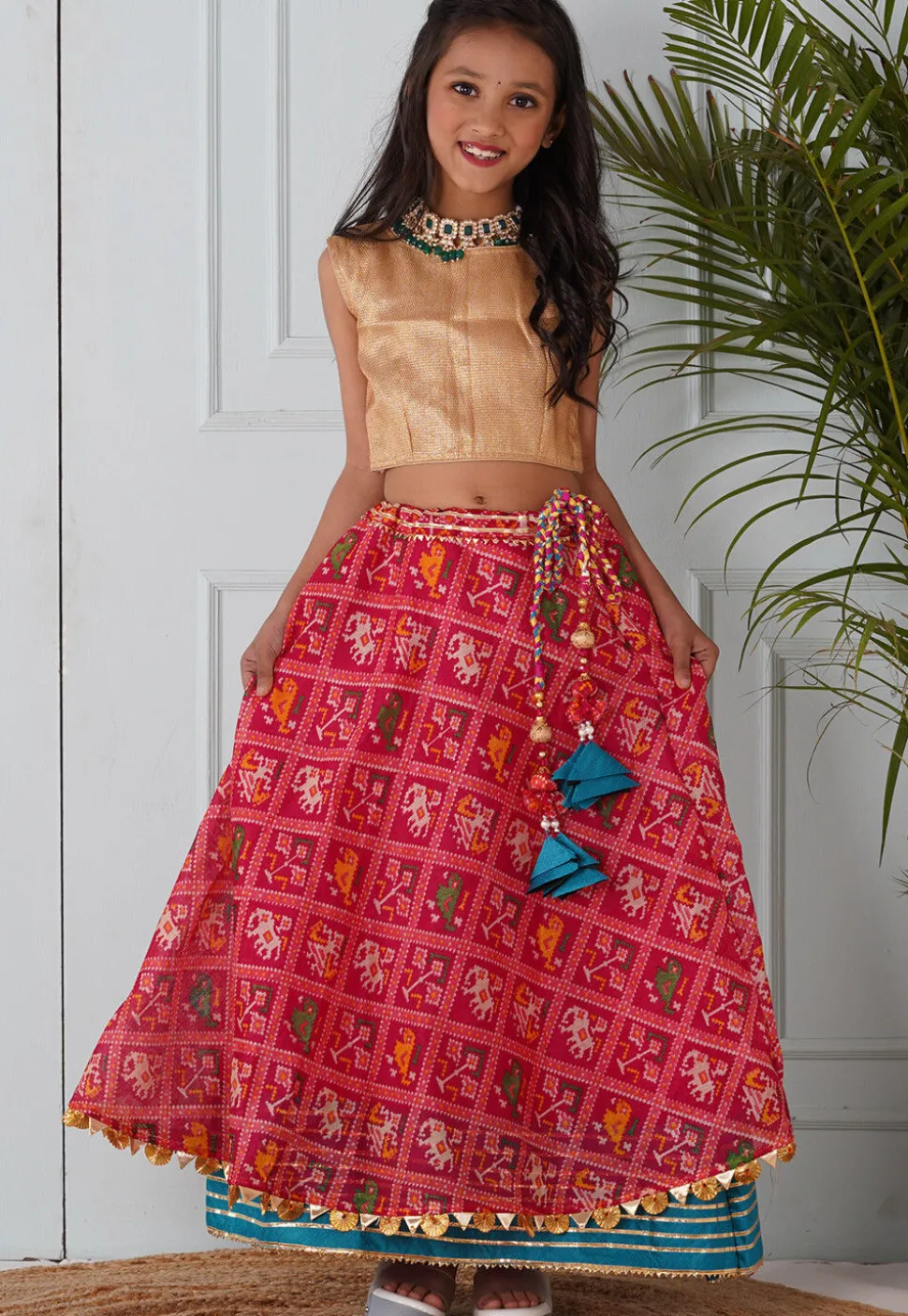 Patola Printed Brocade Crop Top Skirt Set in Golden