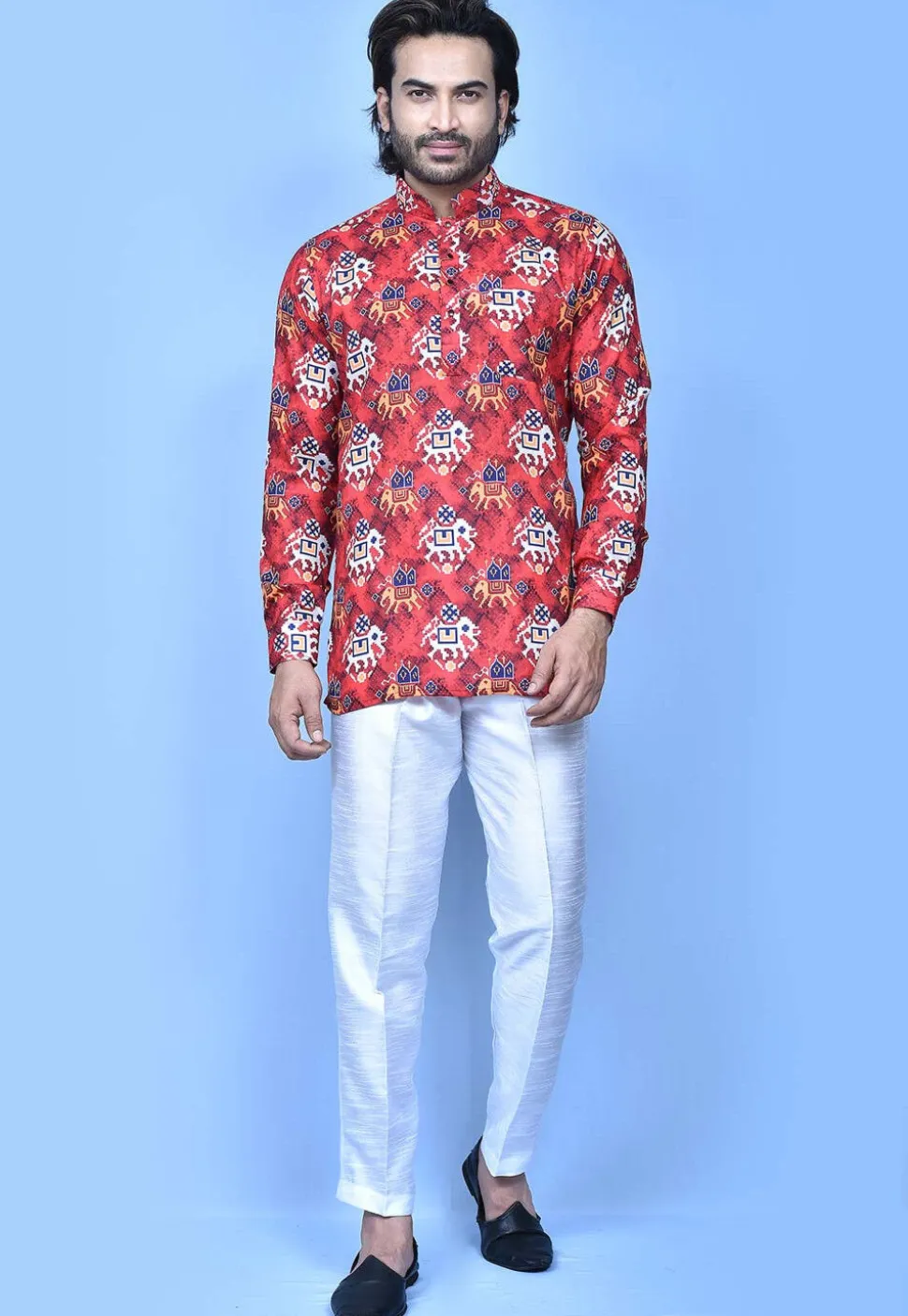 Patola Printed Cotton Short Kurta in Red