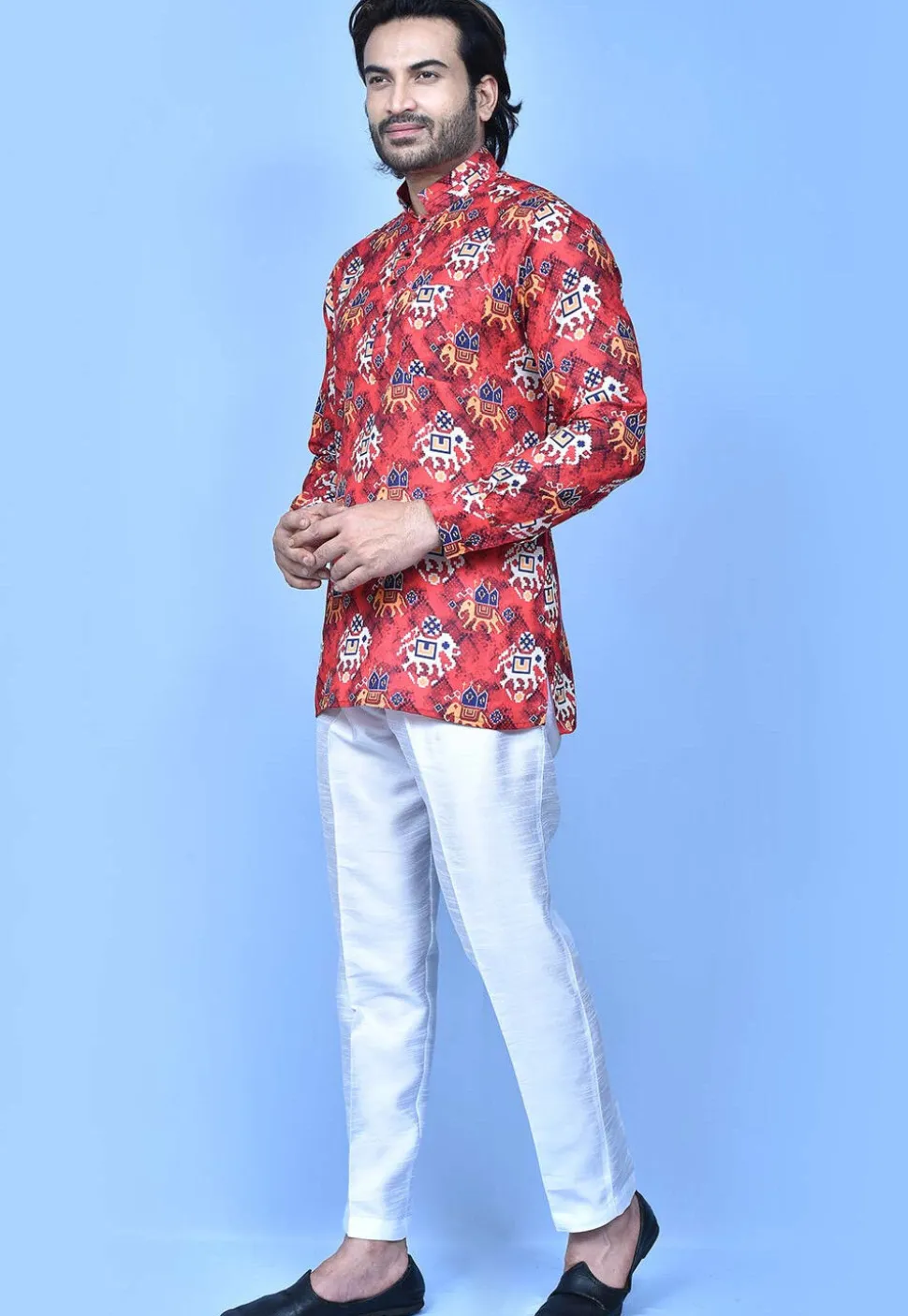 Patola Printed Cotton Short Kurta in Red