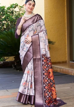 Patola Printed Crepe Saree in Beige