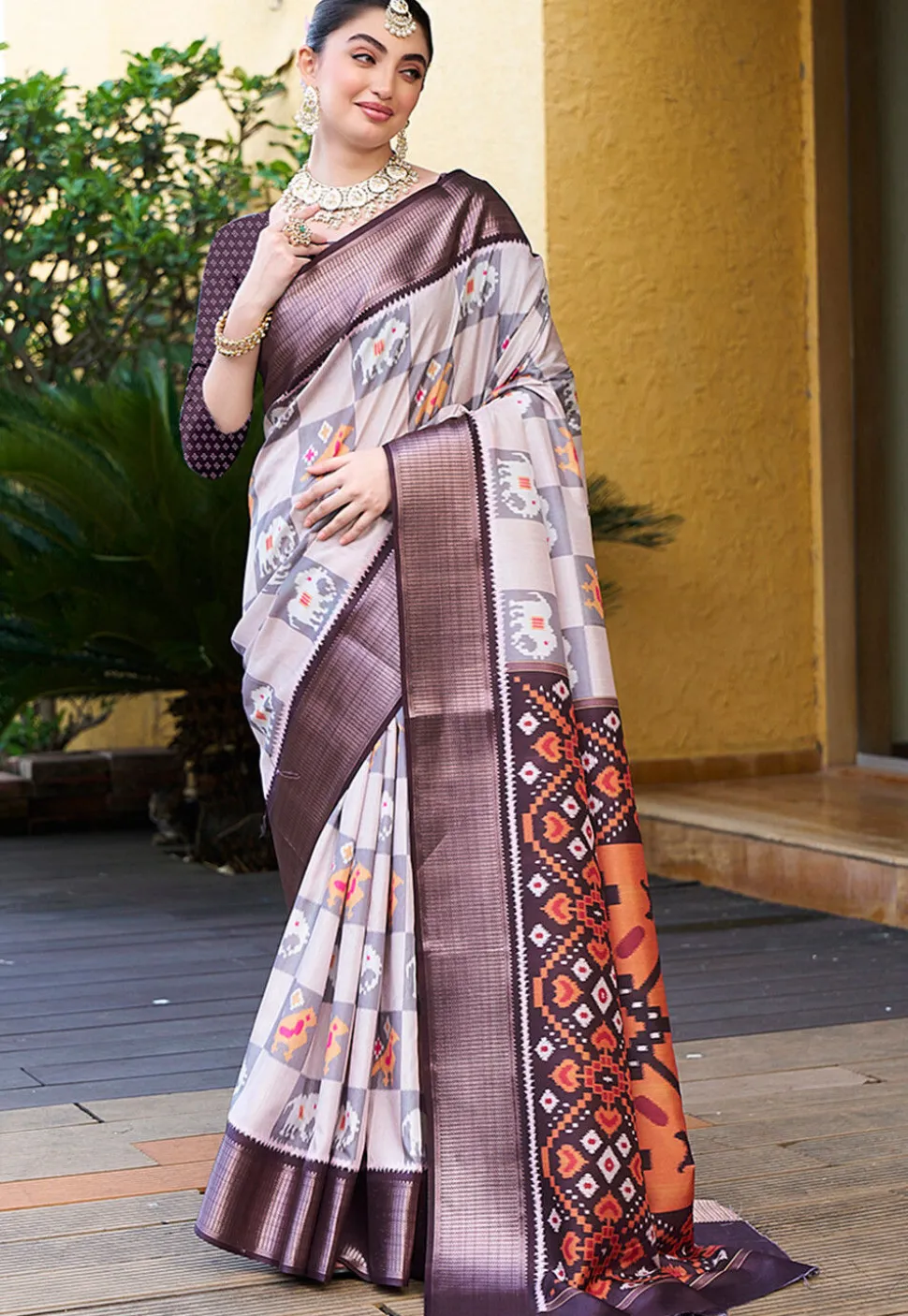 Patola Printed Crepe Saree in Beige