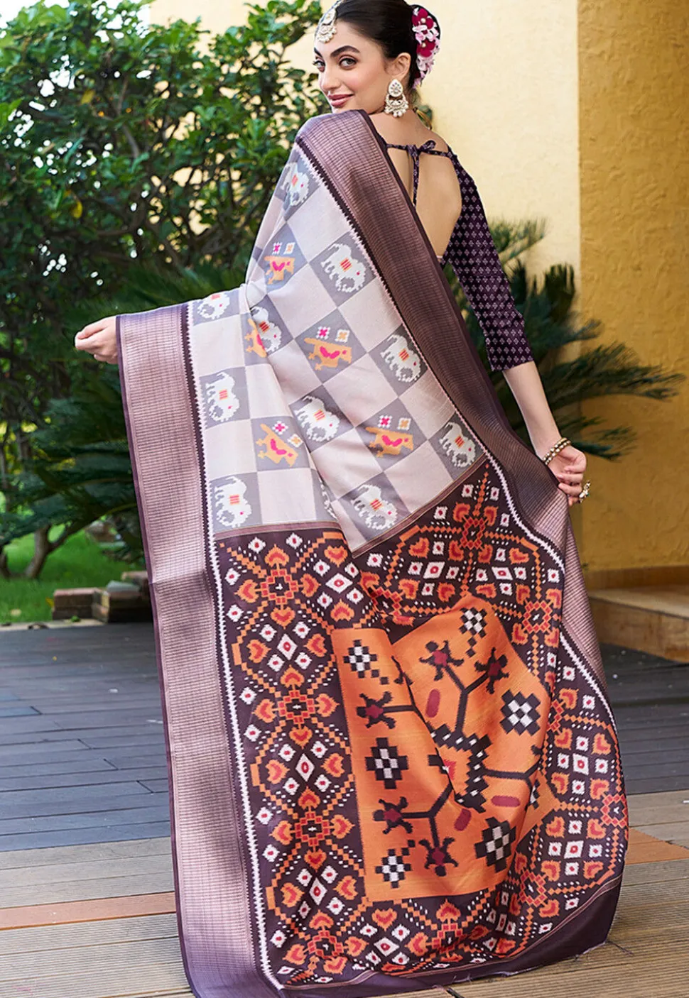 Patola Printed Crepe Saree in Beige