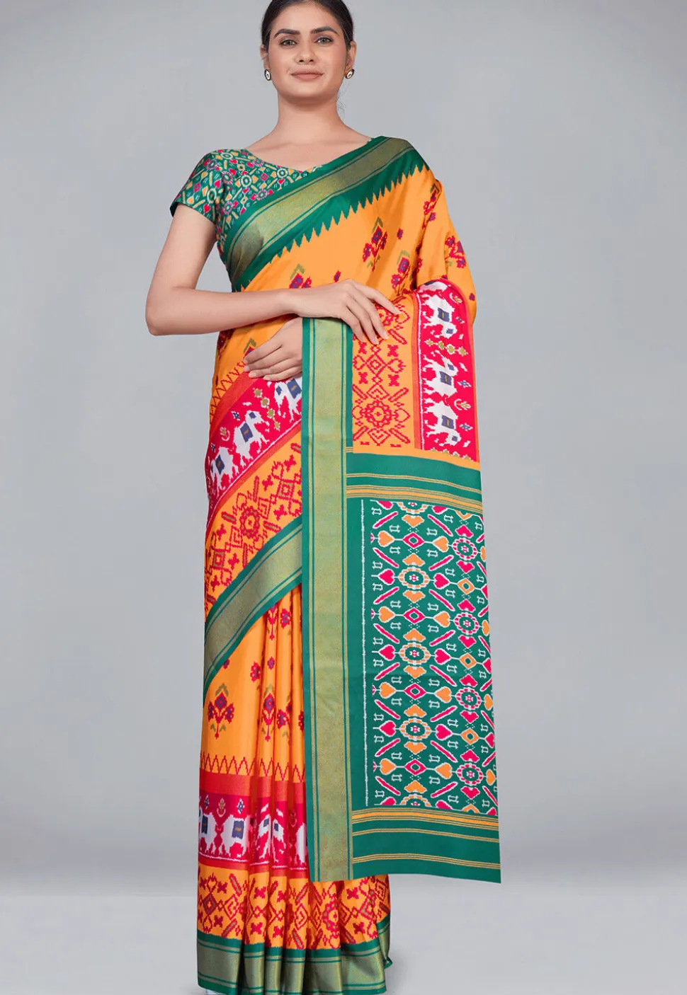 Patola Printed Crepe Saree in Light Orange