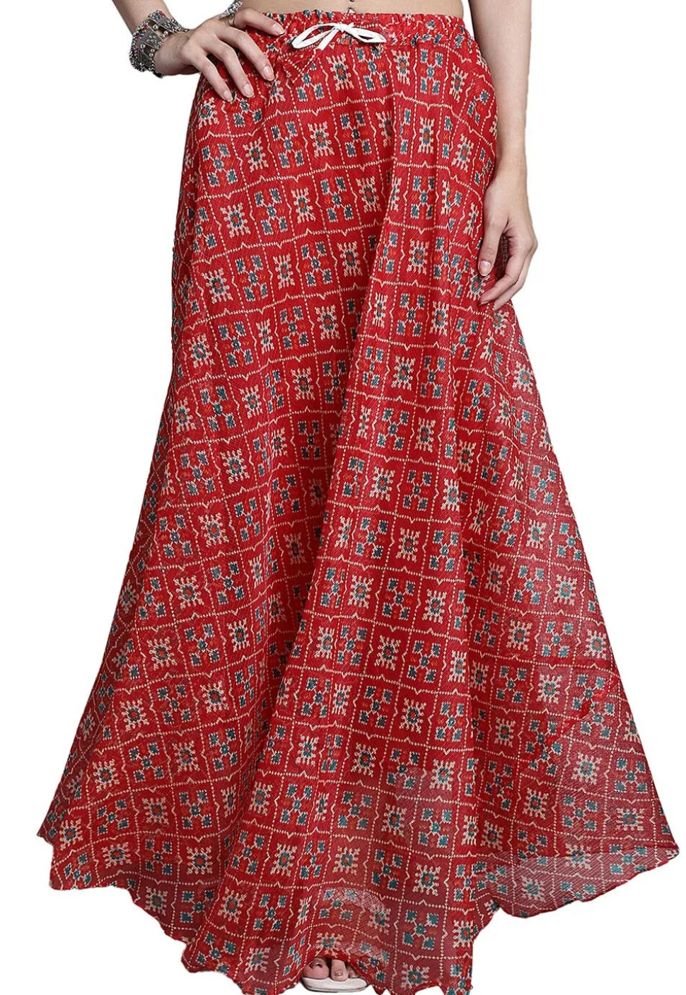 Patola Printed Kota Doria Skirt in Red