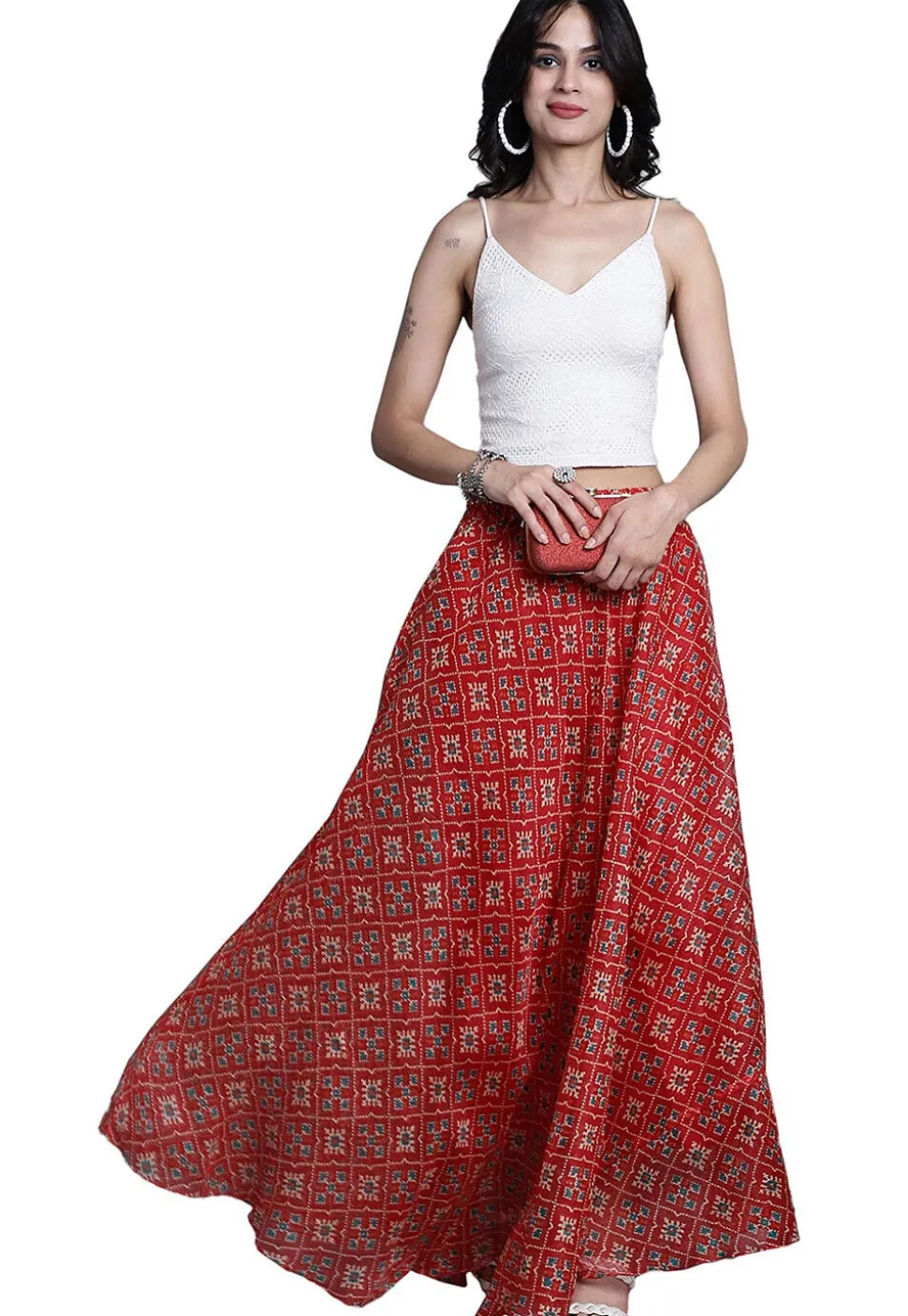 Patola Printed Kota Doria Skirt in Red