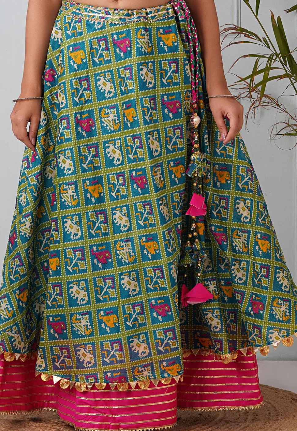 Patola Printed Kota Silk Skirt in Sea Green