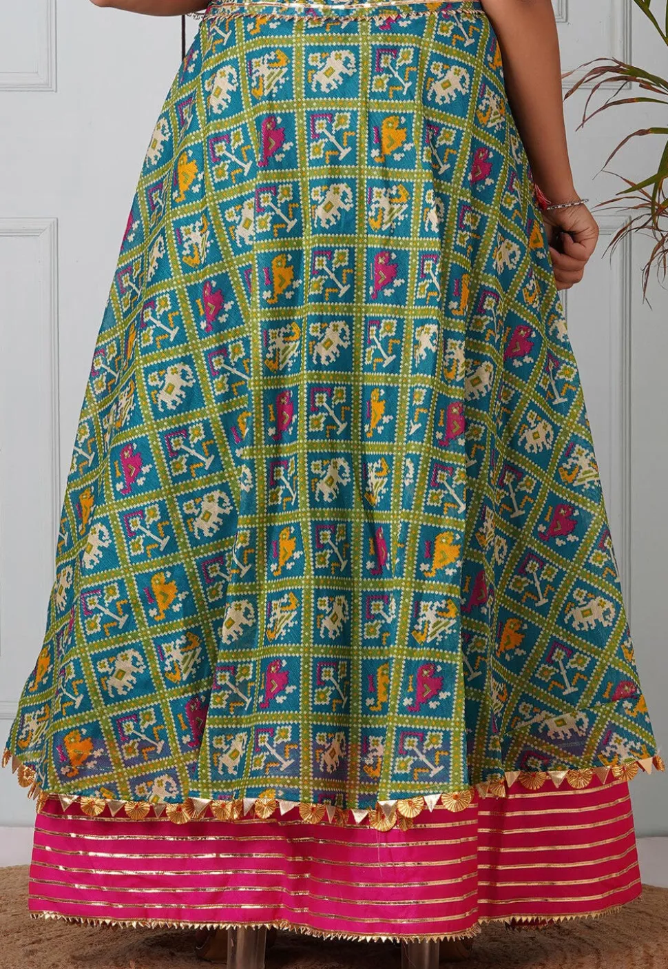 Patola Printed Kota Silk Skirt in Sea Green