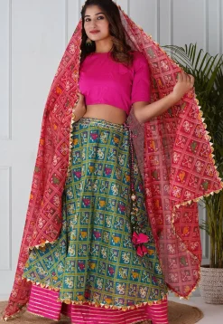 Patola Printed Kota Silk Lehenga in Teal Blue