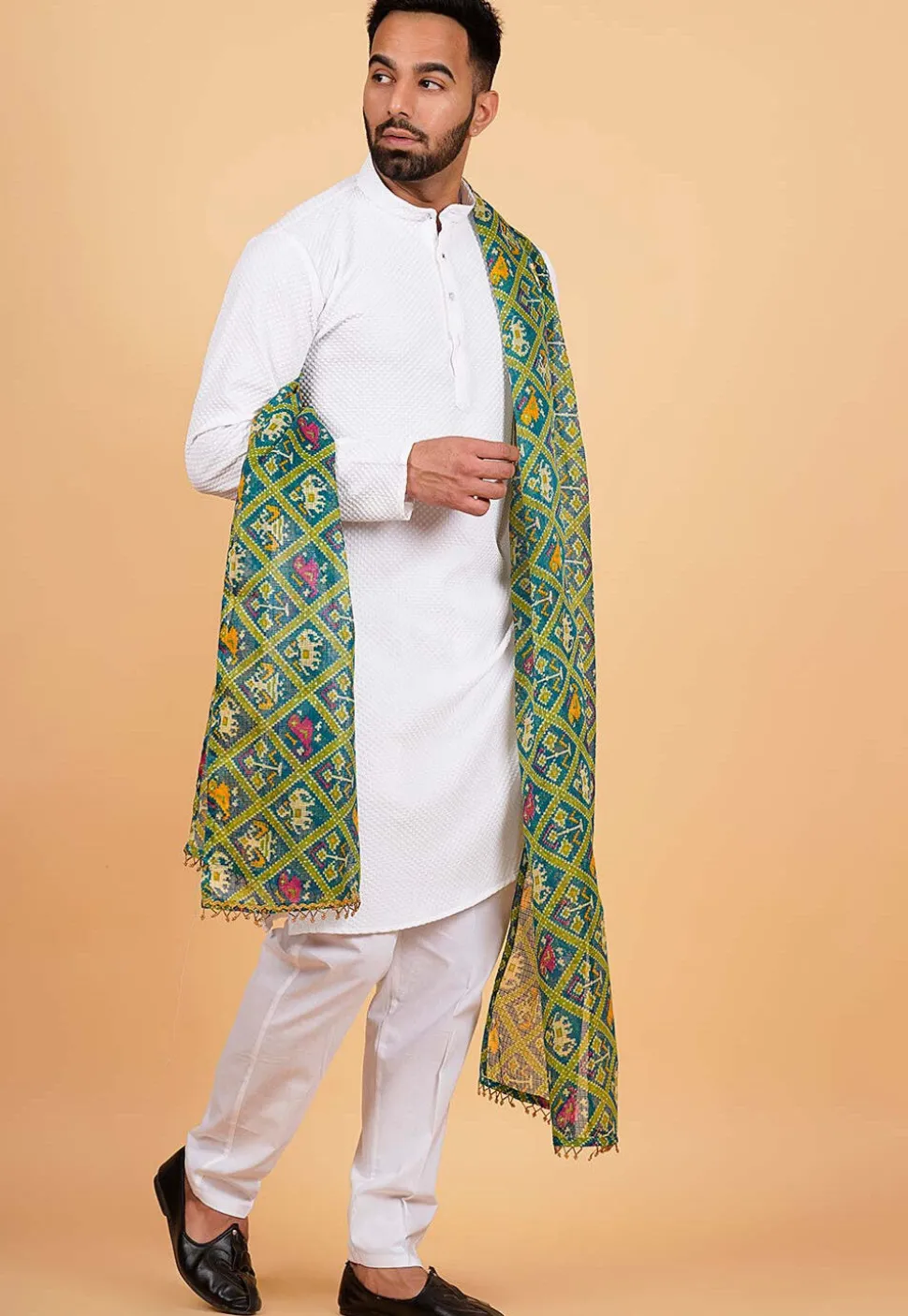Patola Printed Kota Silk Men Dupatta in Teal Blue