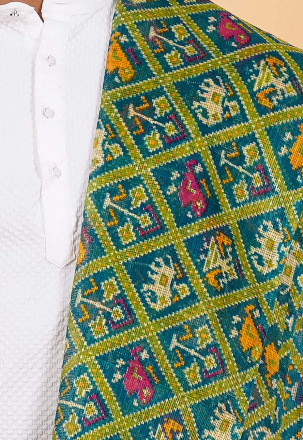 Patola Printed Kota Silk Men Dupatta in Teal Blue