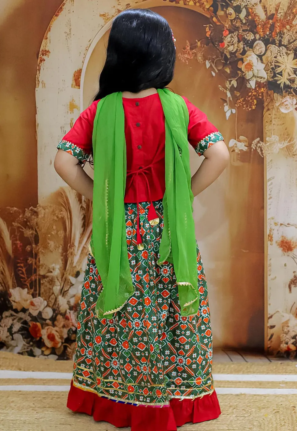 Patola Printed Pure Cotton Lehenga in Dark Green