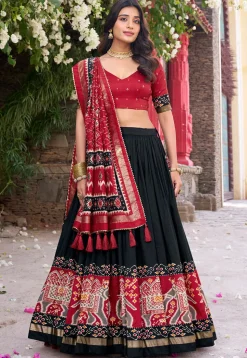 Patola Printed Tussar Silk Lehenga in Black