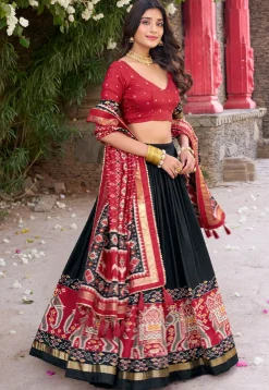 Patola Printed Tussar Silk Lehenga in Black
