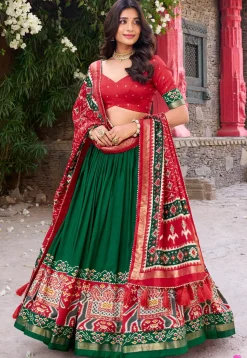 Patola Printed Tussar Silk Lehenga in Green