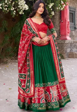 Patola Printed Tussar Silk Lehenga in Green