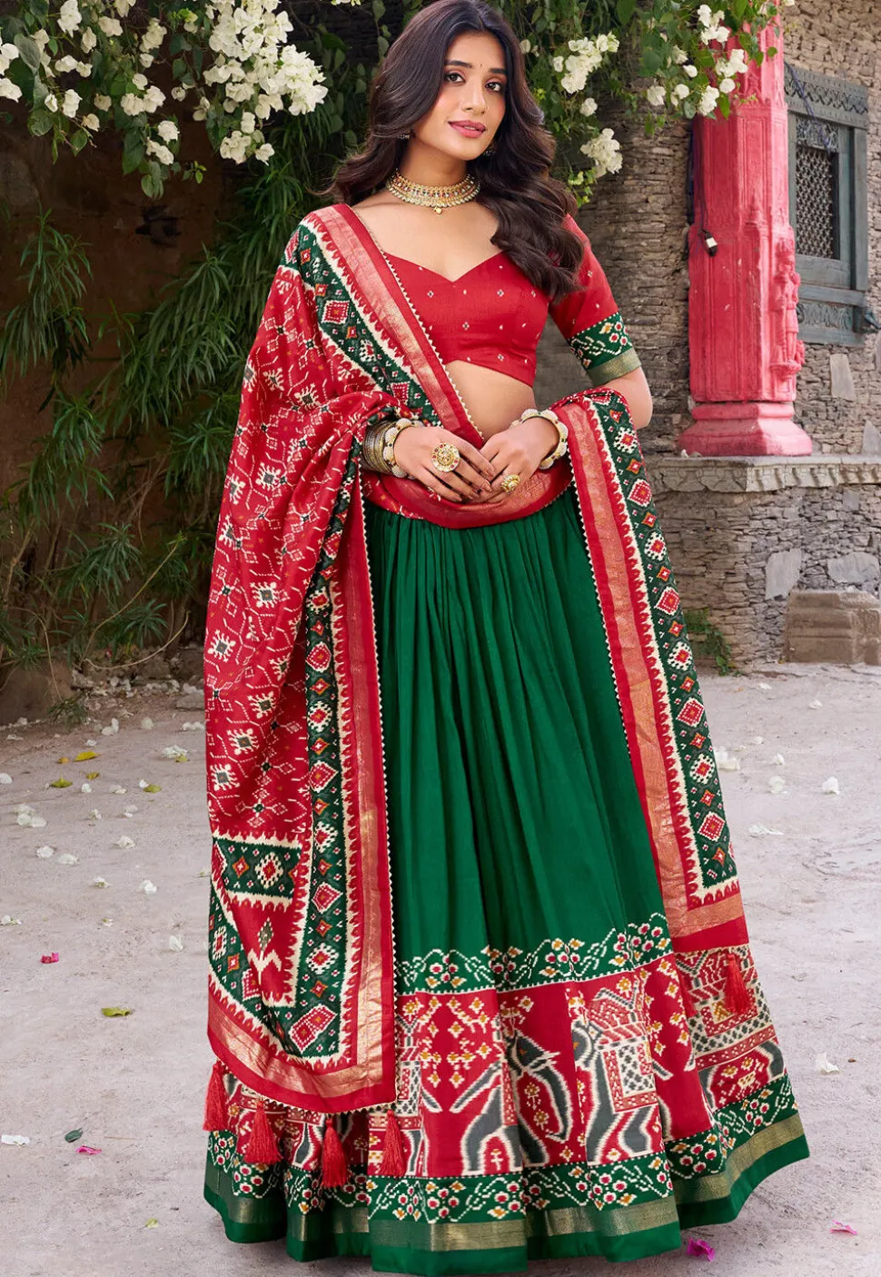 Patola Printed Tussar Silk Lehenga in Green