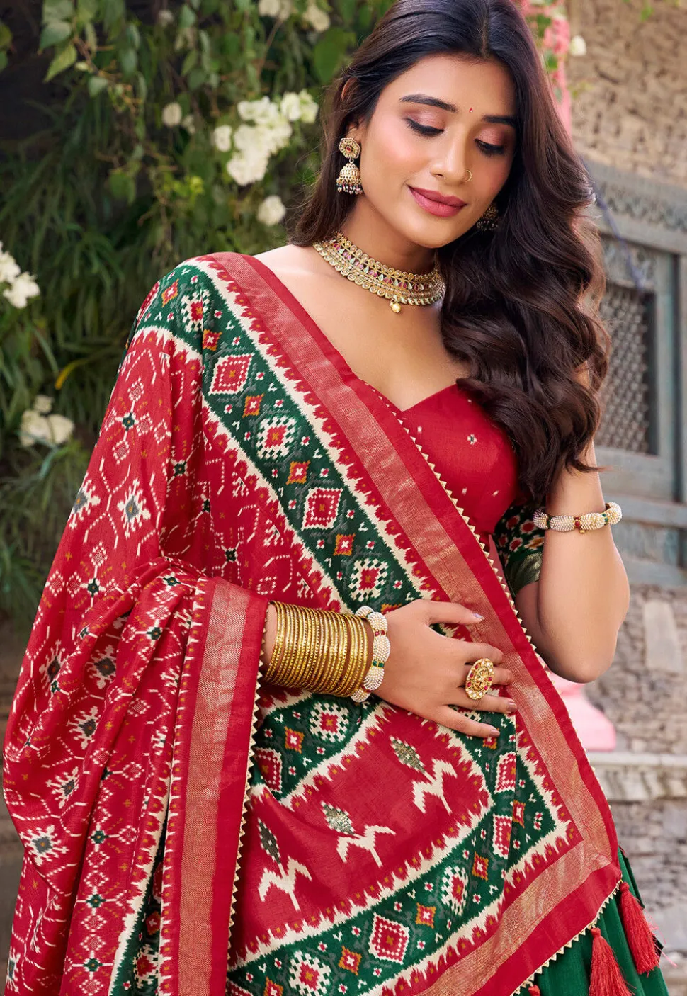 Patola Printed Tussar Silk Lehenga in Green