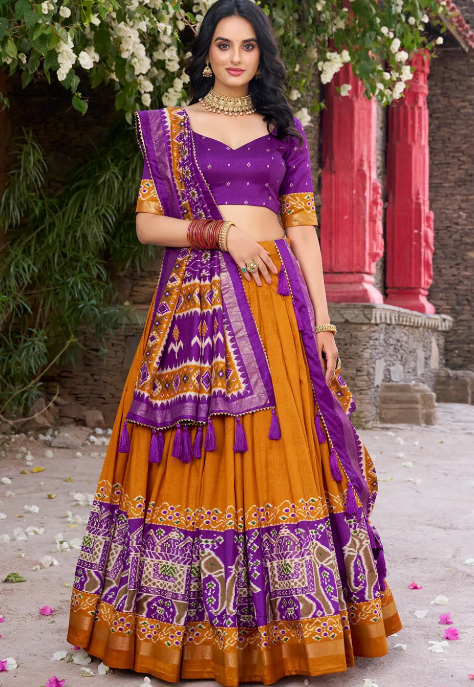Patola Printed Tussar Silk Lehenga in Orange