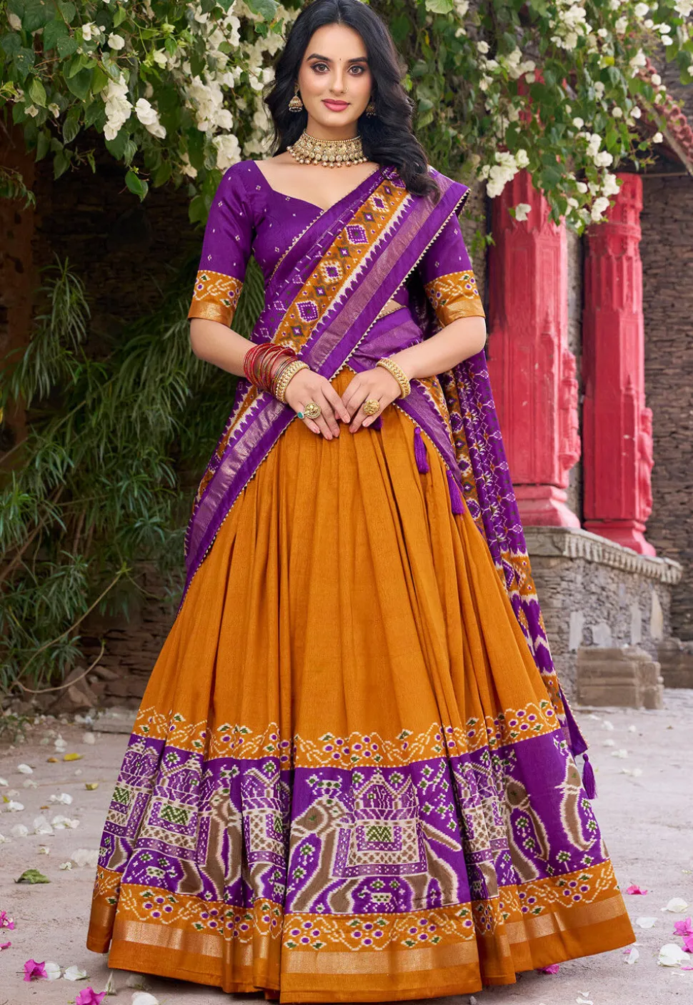 Patola Printed Tussar Silk Lehenga in Orange