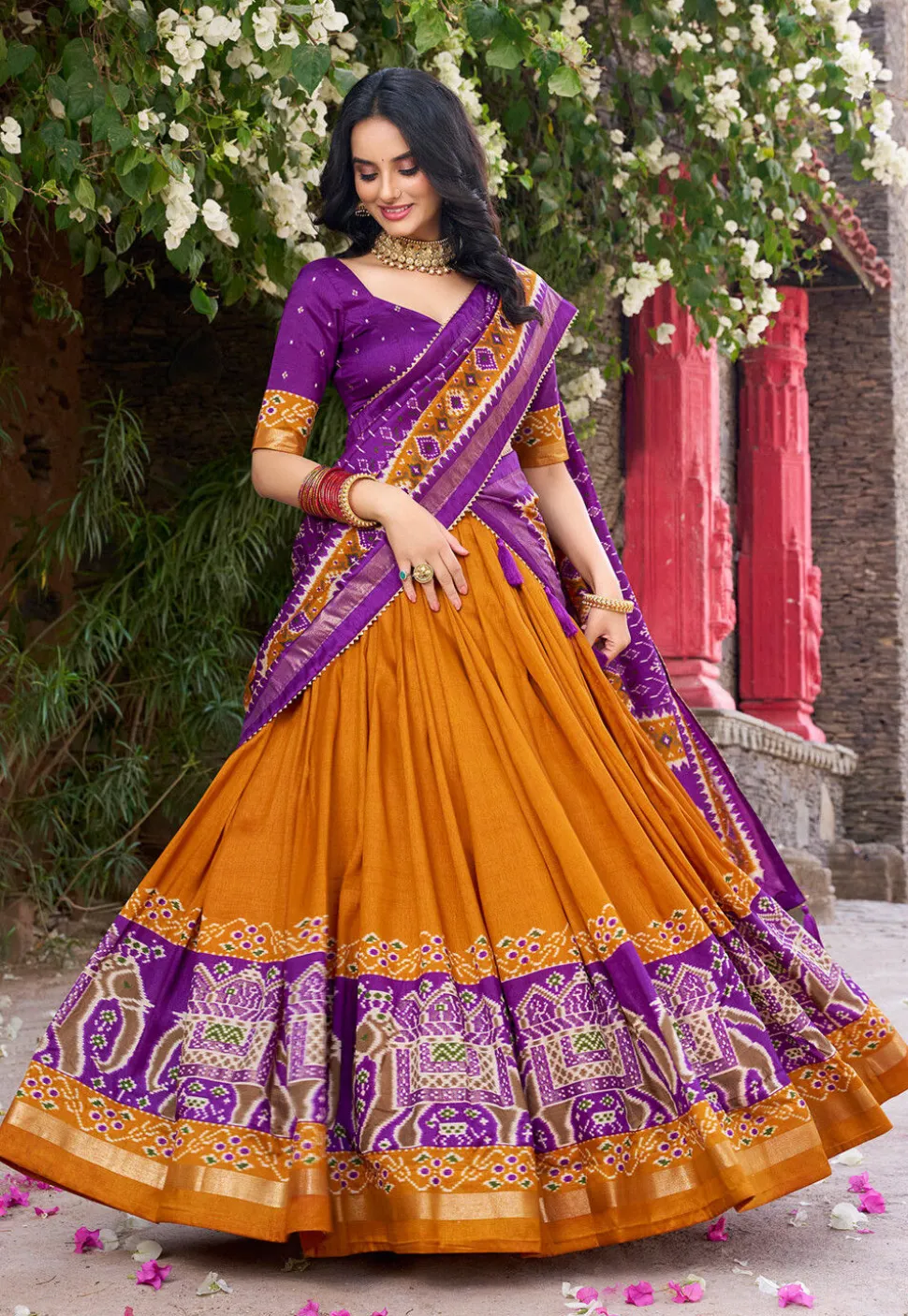 Patola Printed Tussar Silk Lehenga in Orange