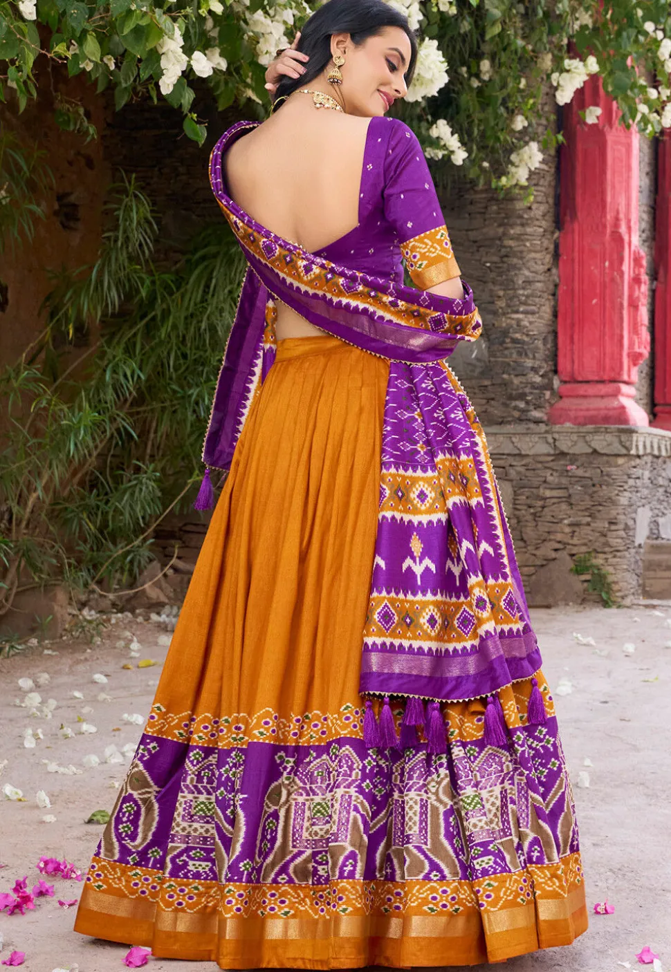 Patola Printed Tussar Silk Lehenga in Orange