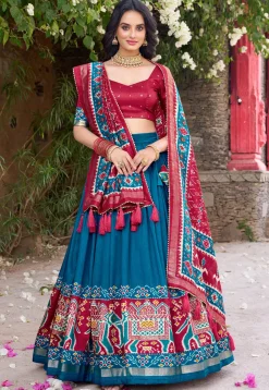 Patola Printed Tussar Silk Lehenga in Teal Blue