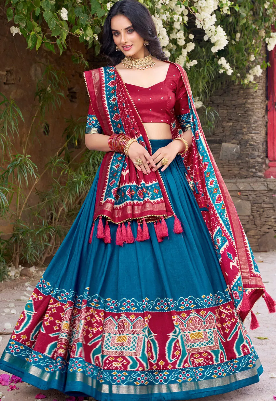 Patola Printed Tussar Silk Lehenga in Teal Blue