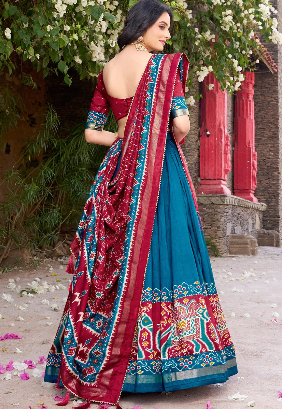 Patola Printed Tussar Silk Lehenga in Teal Blue