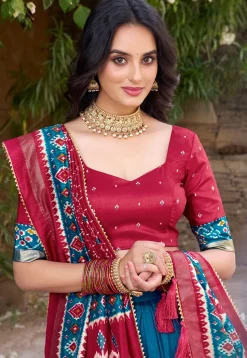 Patola Printed Tussar Silk Lehenga in Teal Blue