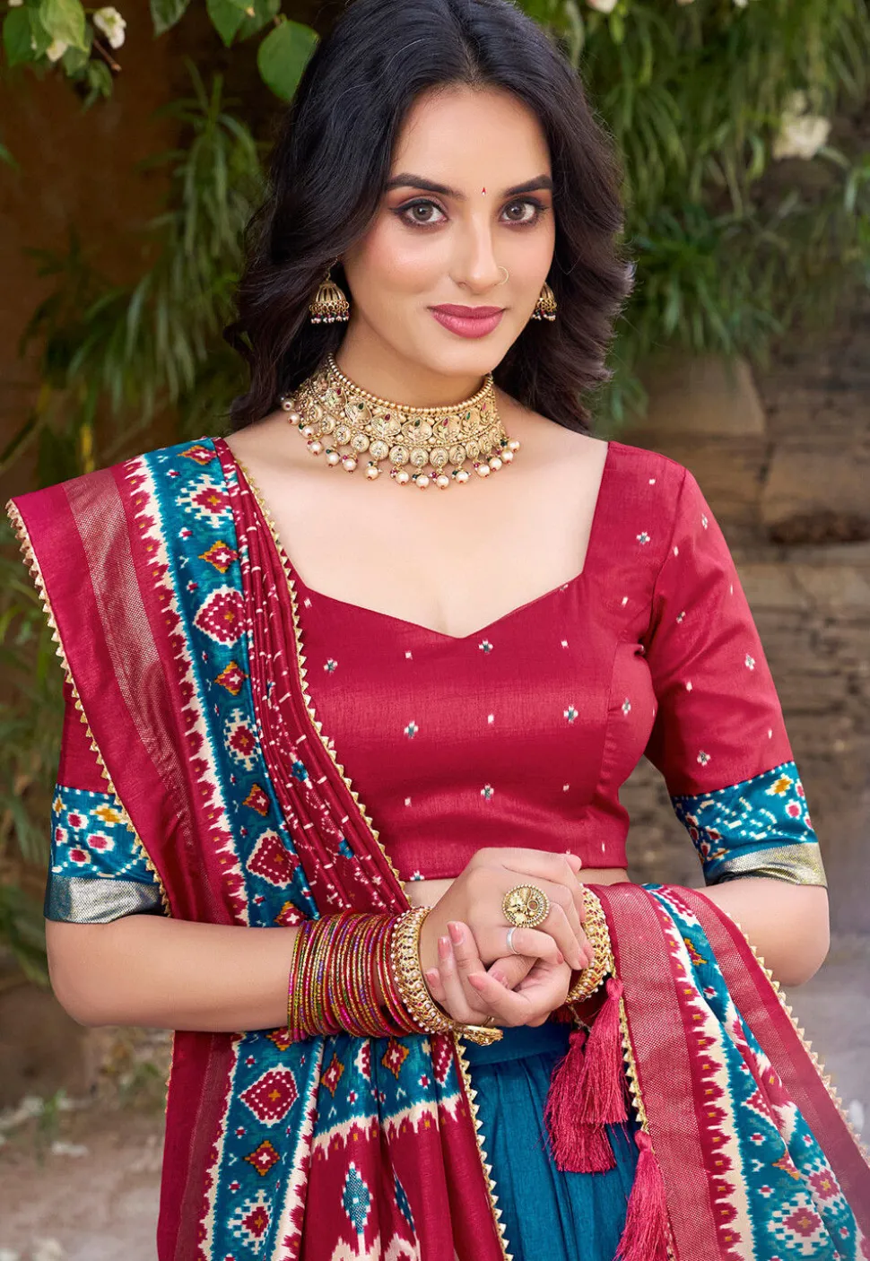 Patola Printed Tussar Silk Lehenga in Teal Blue